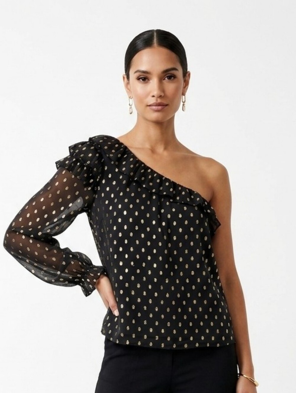 Current Air Black One-Shoulder Ruffle Top with Gold Dot Print Large